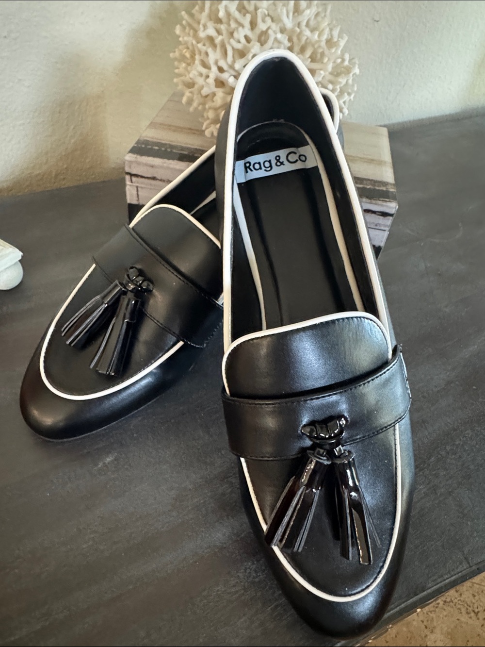Rag & Co Black Tassel Loafers with White Trim